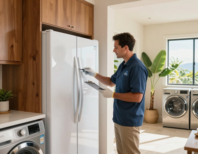Man using a tablet beside a white refrigerator in a bright laundry room with washer and dryer in the background