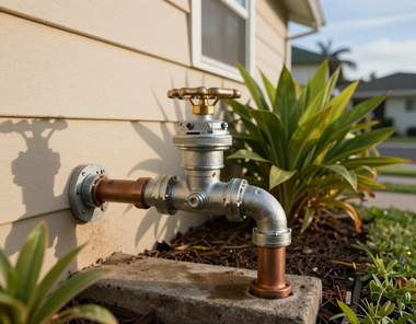 Outdoor metal water faucet mounted on a house wall, beside garden plants and a concrete base.