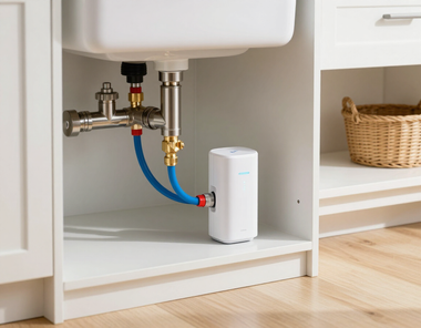 Under-sink water filter with blue tubing and brass valves in a white cabinet
