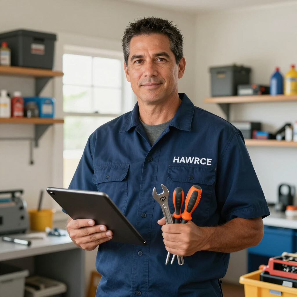 Technician in a blue shirt holding a tablet and tools in a workshop, standing before shelves and a window.