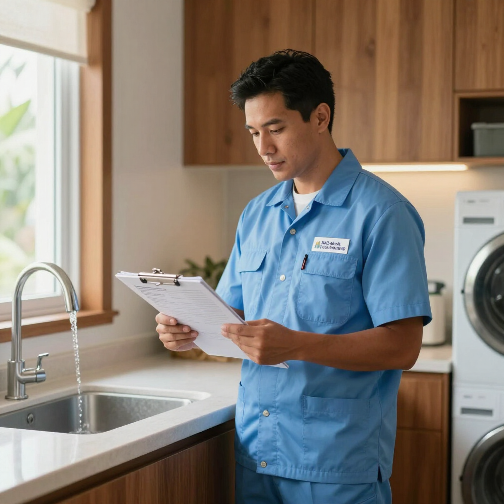 Maintenance worker reviewing a clipboard in a modern laundry room near a sink and washing machine