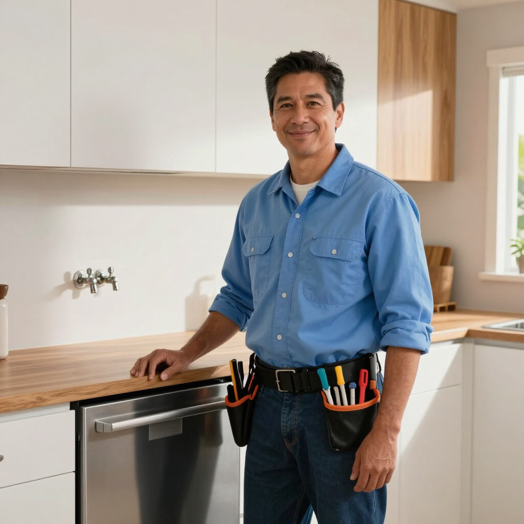 Handyman in blue shirt standing by a kitchen counter and dishwasher with tools in his belt