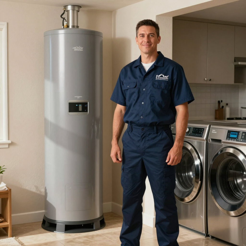 Technician standing beside a water heater in a laundry room with washer and dryer.