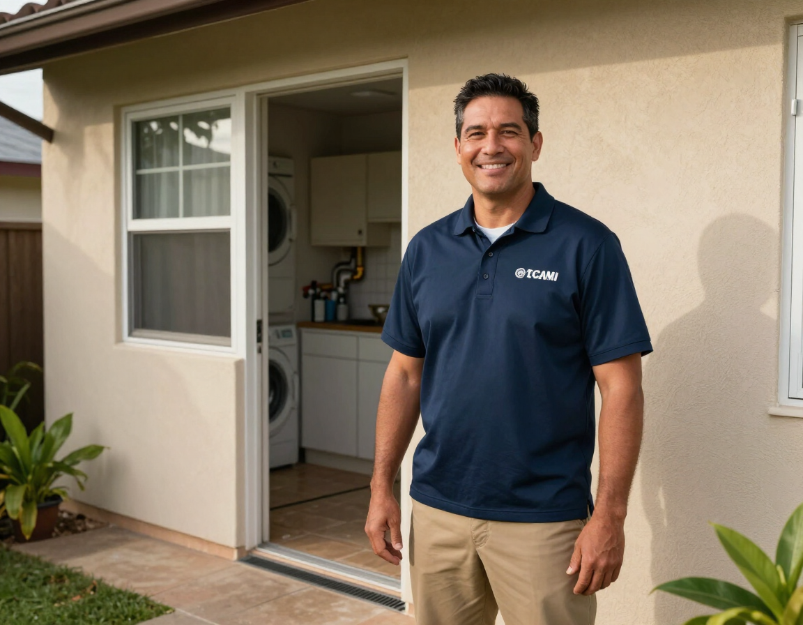 Smiling man in navy polo stands outside a small home laundry room door.