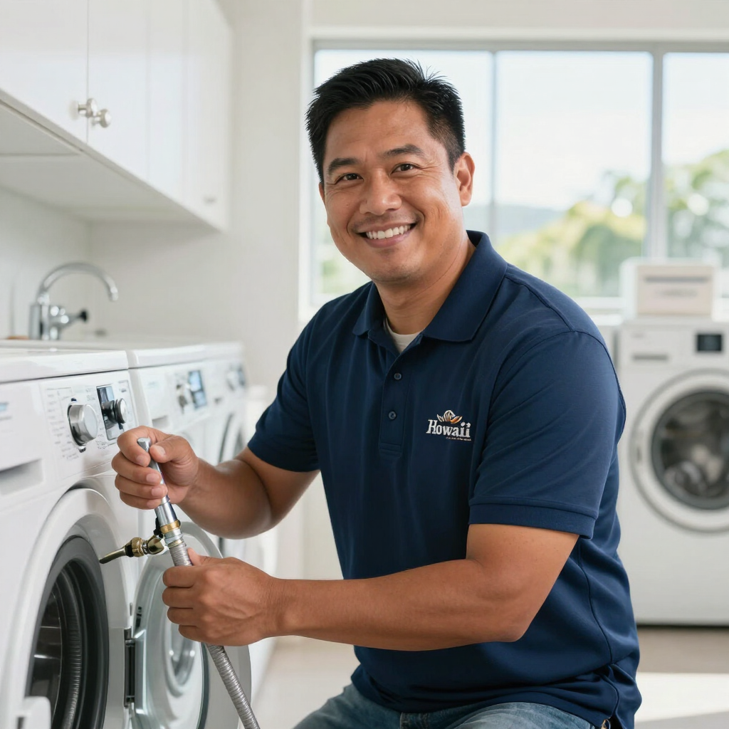Technician in navy polo repairing a washing machine in a bright laundry room