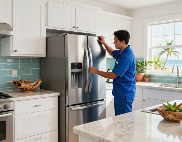 Technician cleaning a stainless steel refrigerator in a bright modern kitchen