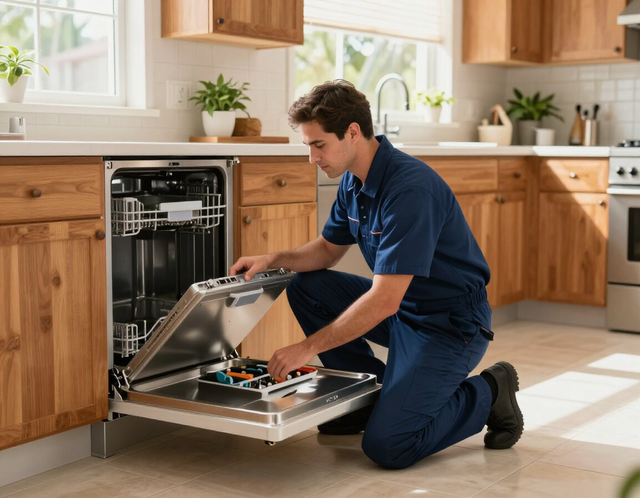 Technician kneeling in a kitchen, repairing an open dishwasher with tools and exposed wiring.