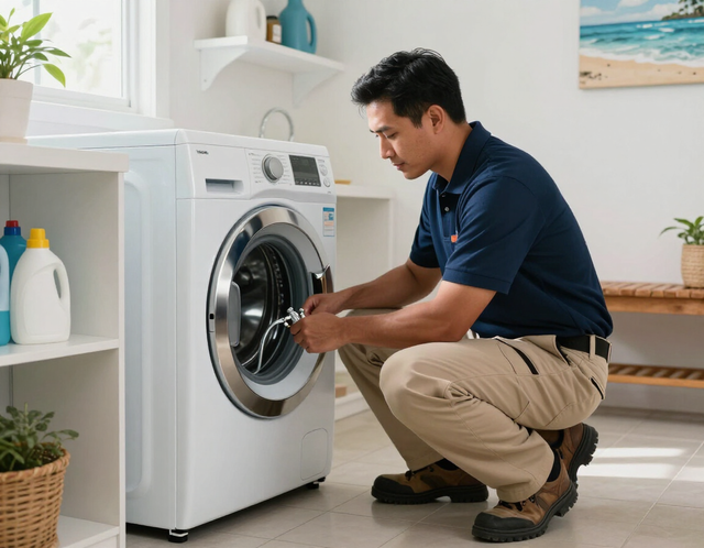 Person kneeling beside a front-loading washer, checking the door in a bright laundry room.
