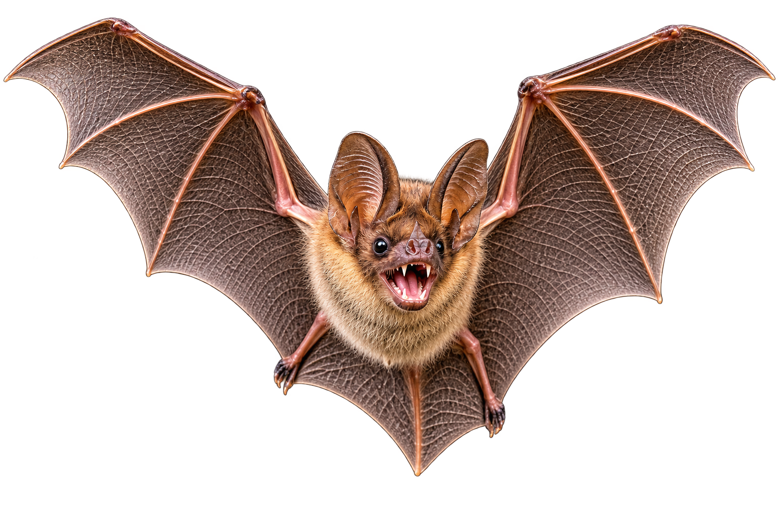 Mouse Caught in Metal Cage Trap — North Bend, OR — Bill’s Pest Control Brown bat with wings spread and mouth open against a white background