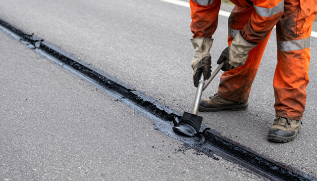 Worker in orange safety gear sealing a crack in asphalt pavement with a tool