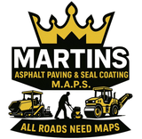 Martins Asphalt Paving & Seal Coating logo with crown, paving machines, worker silhouette, and “All Roads Need Maps” tagline