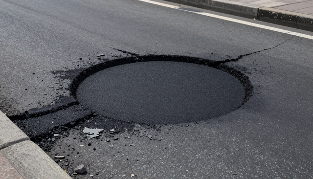 Large circular asphalt road patch on a gray street near the curb