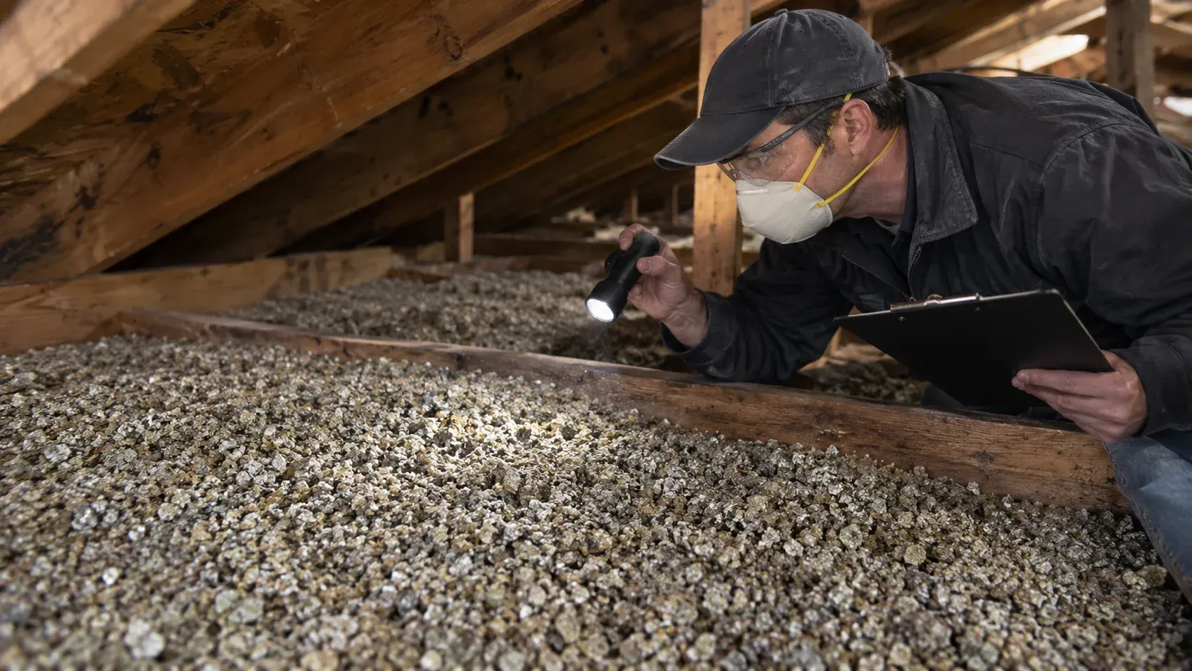 Technician inspects vermiculite insulation with a flashlight, checking for asbestos.