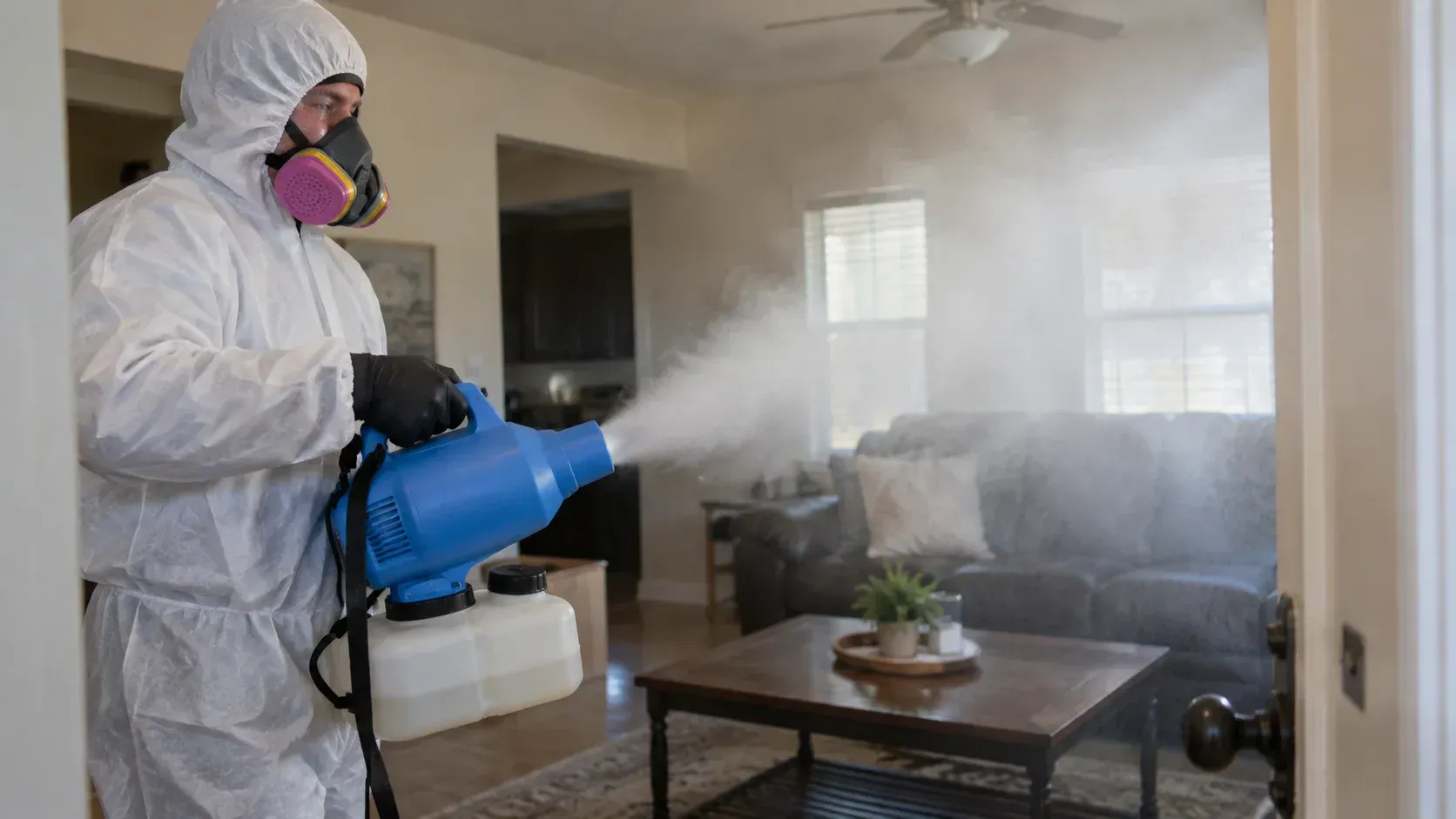 A professional technician wearing a respirator and protective suit performs air fogging disinfection in a living room, demonstrating what is professional air fogging and how it disinfects a home or office.