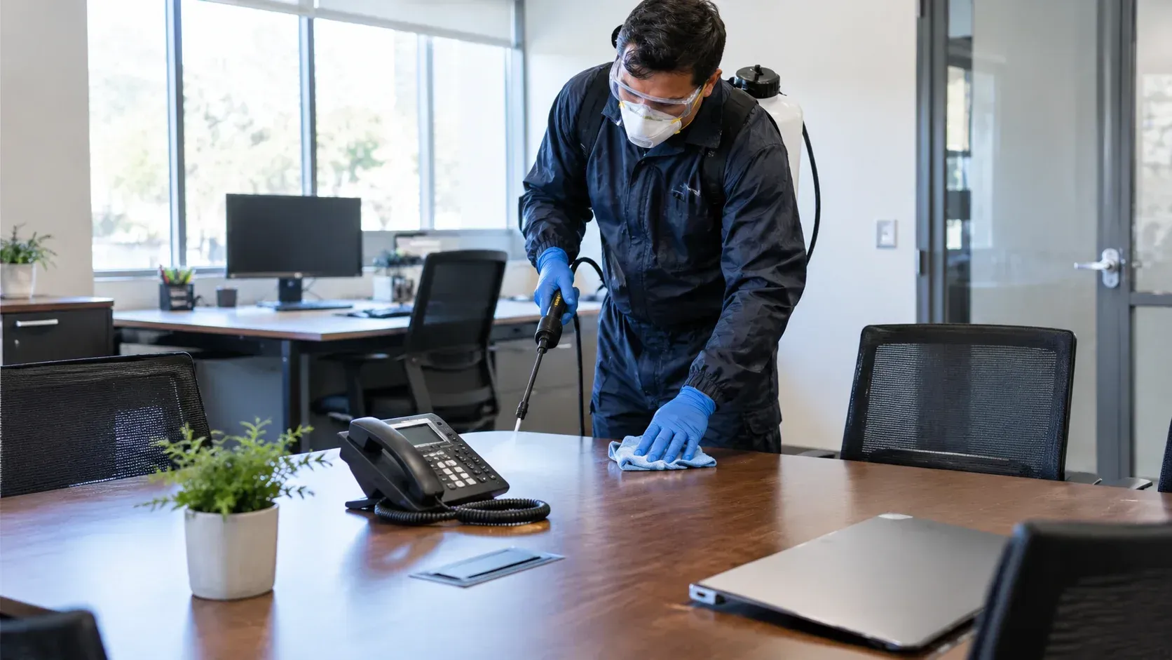 A professional technician in a protective suit and respirator carefully cleans and disinfects an office desk and workspace with a spray bottle, illustrating the blog post topic: How Do You Know If Your Office Needs Professional Disinfection After Several Employees Get Sick in One Week?