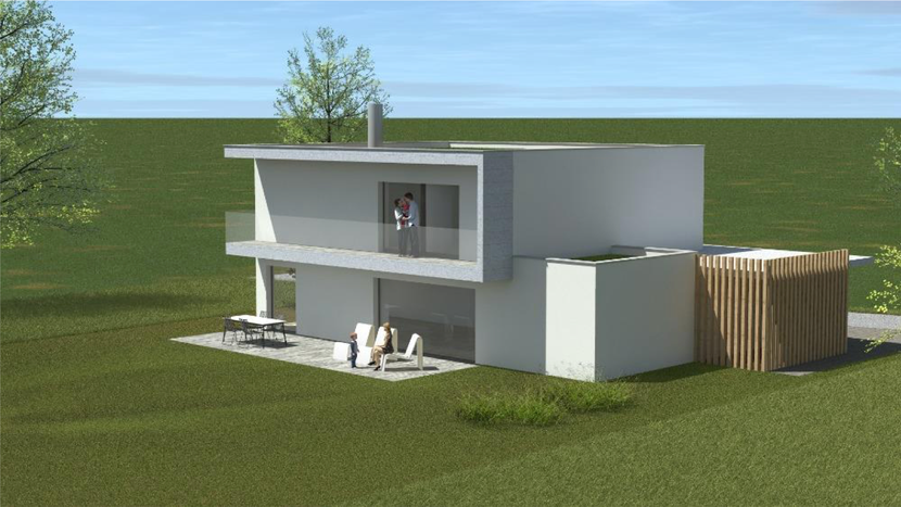 Maison moderne de deux étages avec façade grise, balcon vitré et panneau latéral en bois, située sur une pelouse verdoyante.