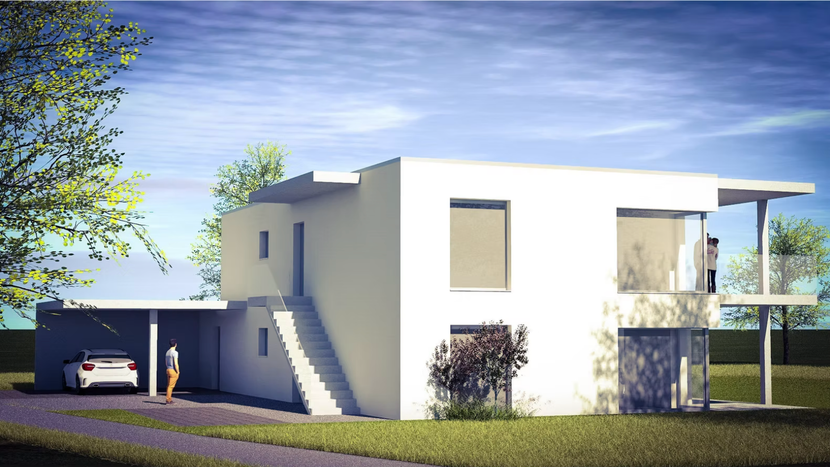 Maison blanche moderne avec un abri voiture, un escalier et une personne debout à proximité.