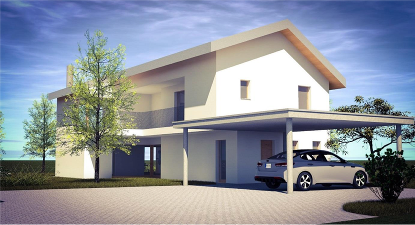 Maison moderne à deux étages avec abri voiture. Façade claire, voiture garée sous l'abri, arbres dans le jardin.