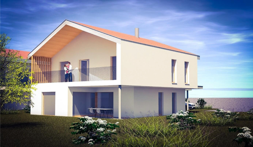 Maison moderne à deux étages avec balcon, toit de tuiles rouges et jardin gazonné.