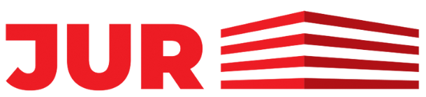 Texte « JUR » rouge avec une icône de bâtiment rouge.