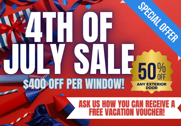 Red, white and blue 4th of July sale ad with 50% off, $400 off per window, and free vacation voucher.