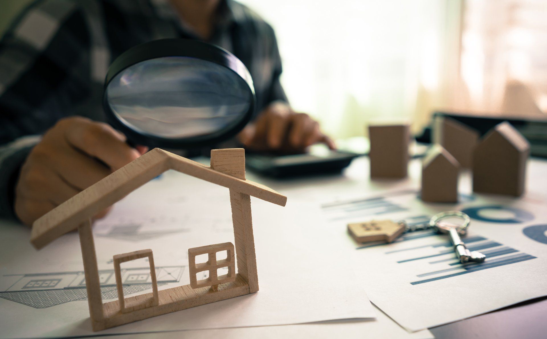a person is looking at a model house through a magnifying glass 