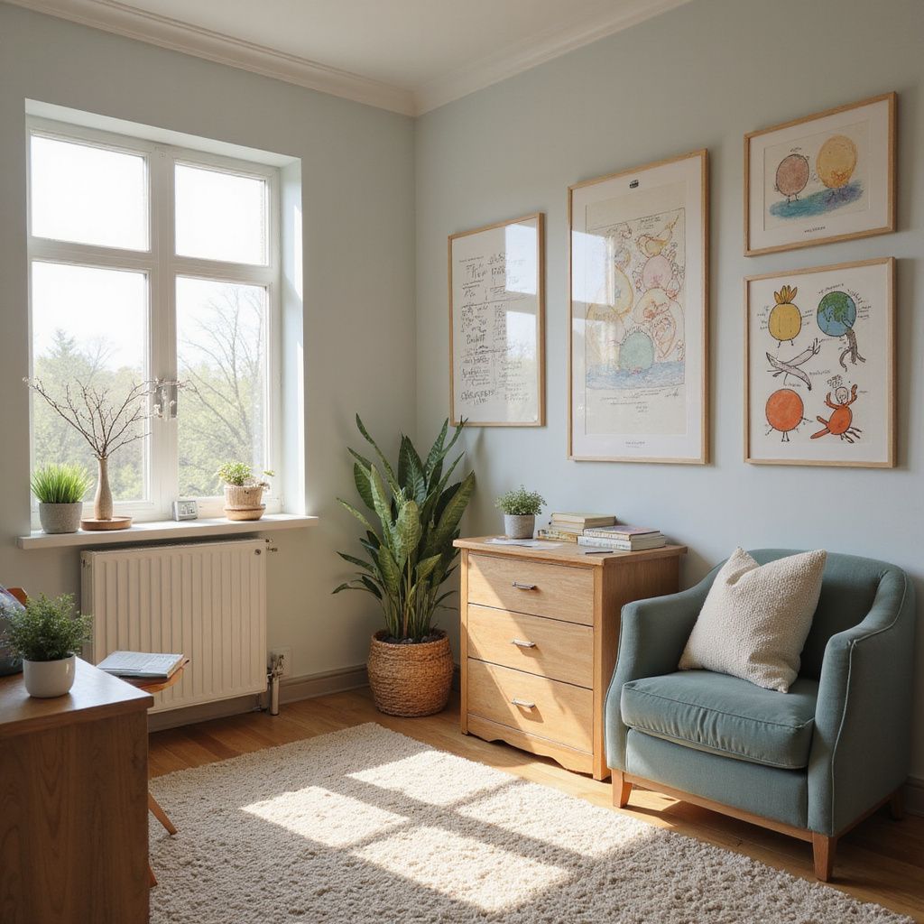 A light-filled room with a window, armchair, and framed art on a light blue wall.