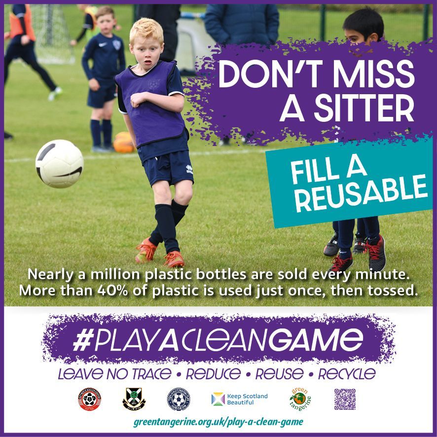 boys playing football on a grass pitch with goal in background. One boy has just kicked the ball which is in the air. The text says - don't miss a sitter, fill a reusable. Nearly a million plastic bottles are sold every minute. More than 40% of plastic is used just once, then tossed.
Play A Clean Game - Reduce, reuse, Recycle.
greentangerine.org.uk/play-a-clean-game