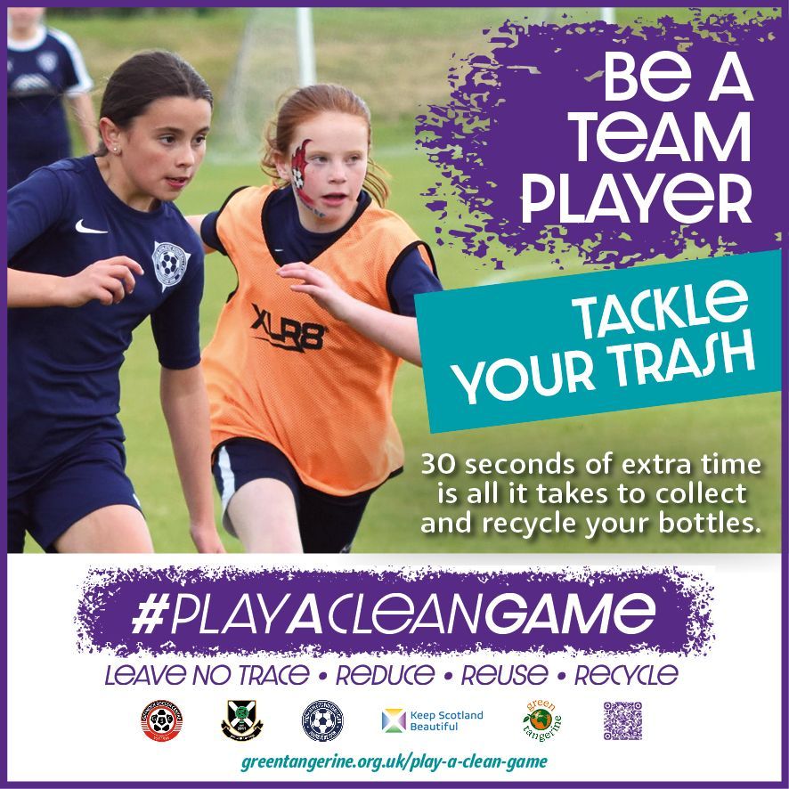 2 girls playing football on a grass pitch with goal in background. One girl has a blue top and the other girl has an orange top of opposing team. The text says - be a team player, tackle you trash. Nearly a million plastic bottles are sold every minute. More than 40% of plastic is used just once, then tossed.
Play A Clean Game - Reduce, reuse, Recycle.
greentangerine.org.uk/play-a-clean-game