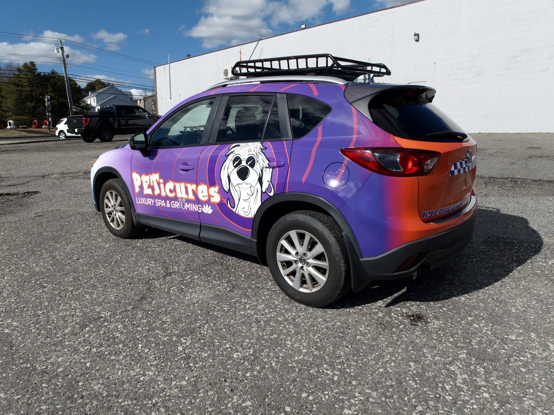 Purple and orange rescue SUV with a dog logo parked beside a white building