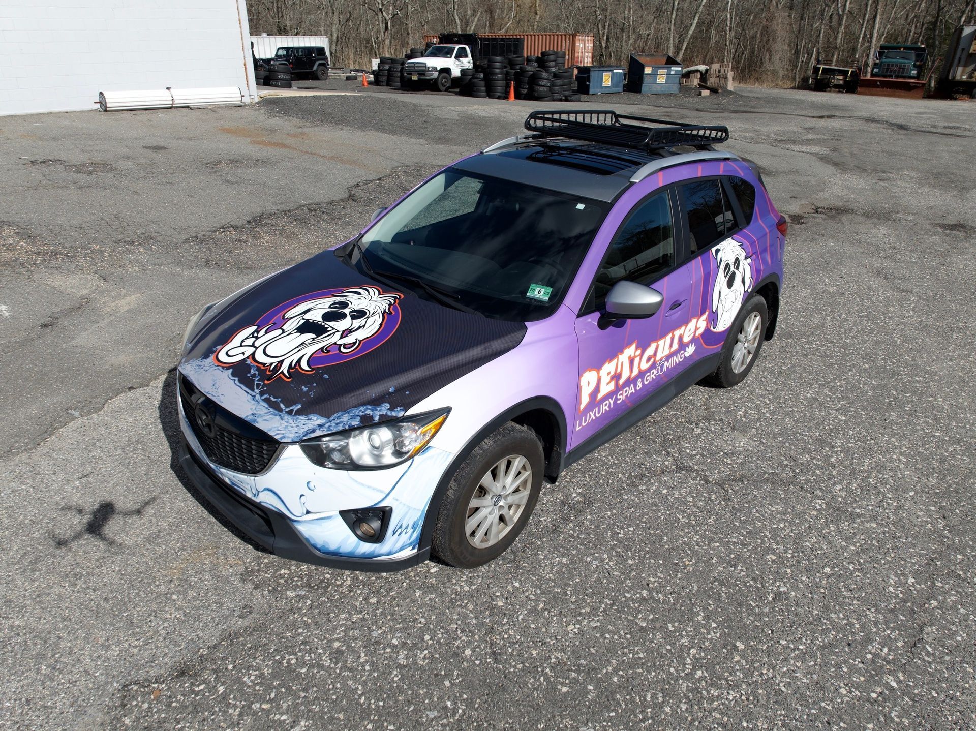 Purple-and-white branded car parked on gravel lot with roof rack and logo on hood