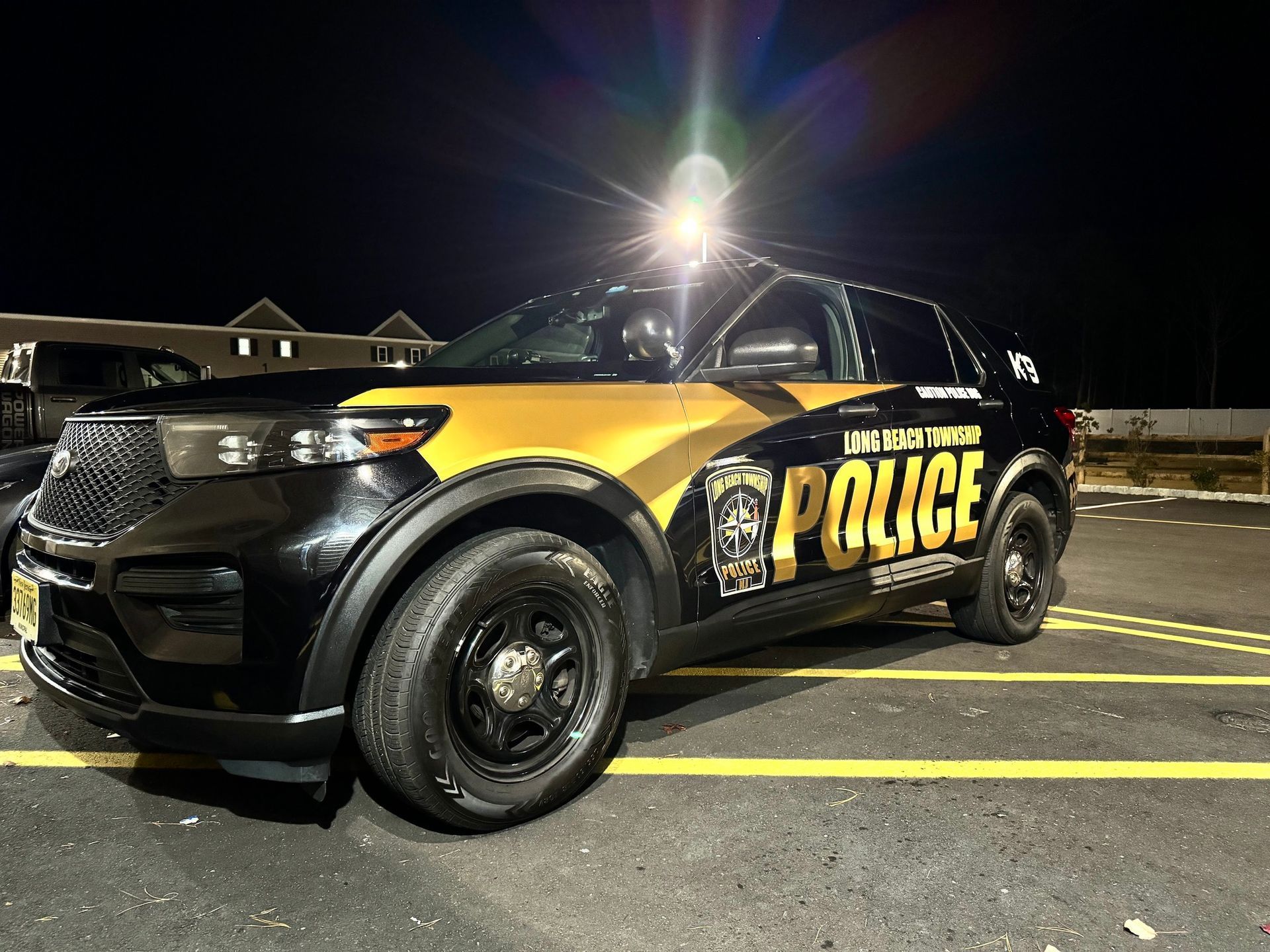 Black police SUV parked at night, lit by bright overhead light, with yellow lettering and stripes