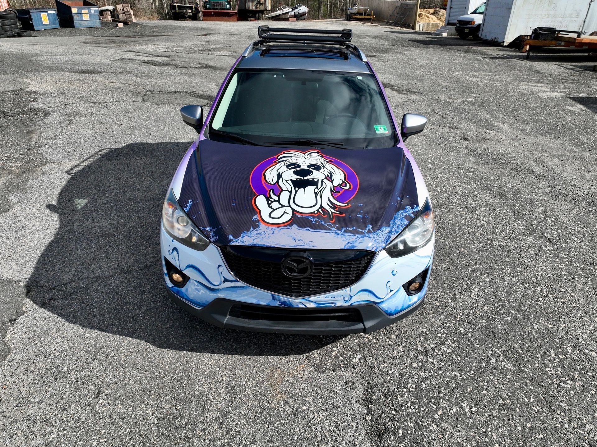 Blue car with a large cartoon dog graphic on the hood, parked in a gravel lot.