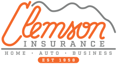 Clemson Insurance logo in orange, gray, and white with “Home Auto Business” and “Est. 1958” text
