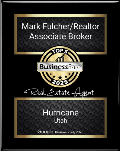 Black-and-gold realtor award plaque for Mark Fulcher, BusinessRate Top 5 2025, Hurricane, Utah.