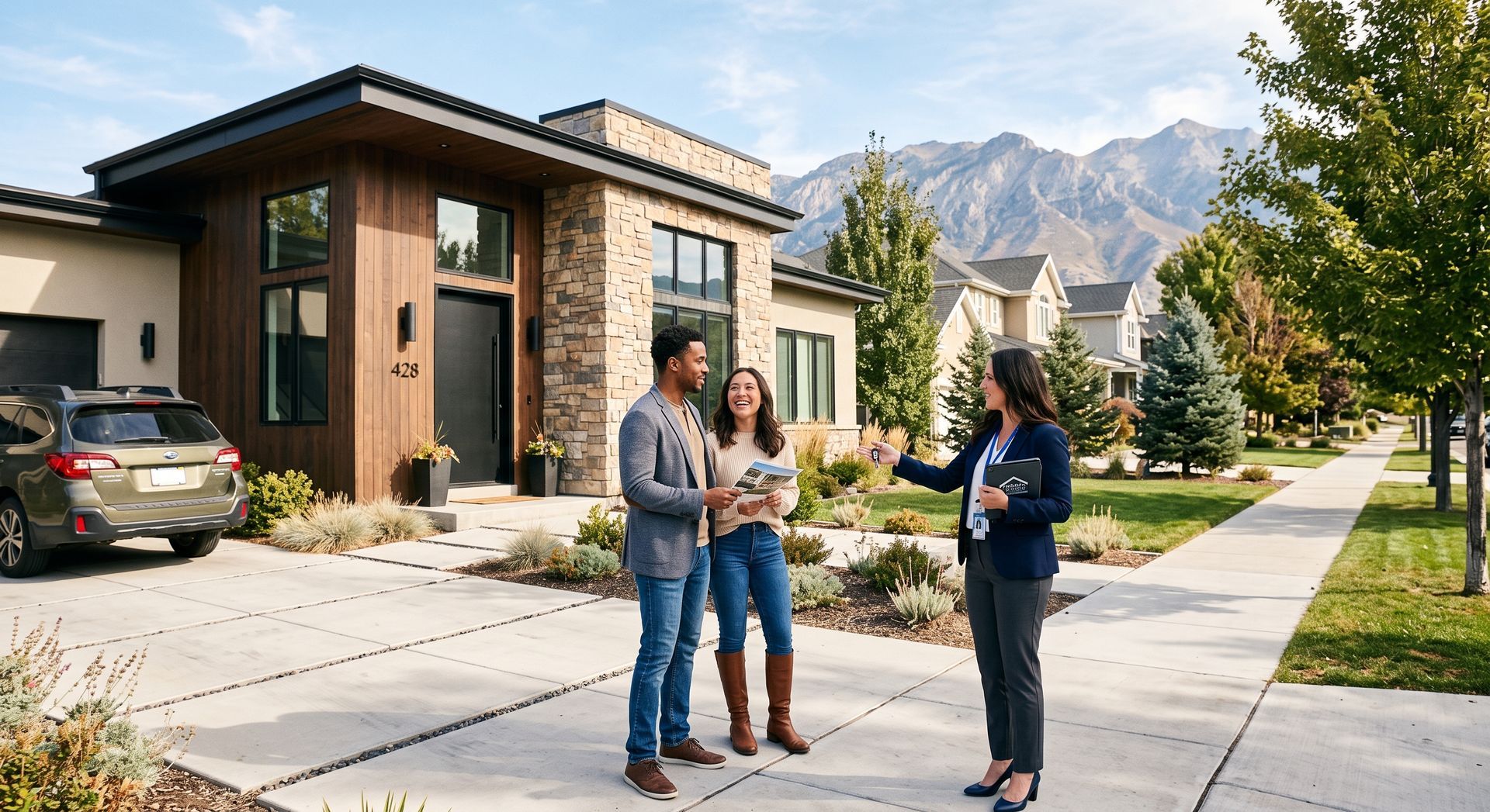 A first-time homebuyer couple viewing a modern Utah home exterior with a real estate professional discussing the property in a residential neighborhood.