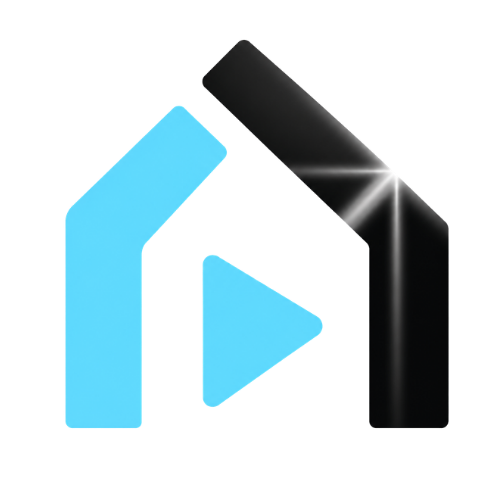 Stylized house logo with a blue play button and black roofline with a light sparkle