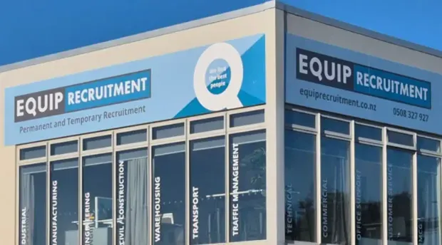 Exterior of EQUIP Recruitment office with blue signage and glass windows