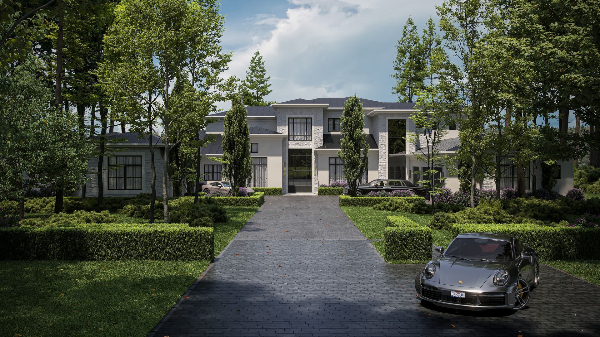 A car is parked in front of a large house.