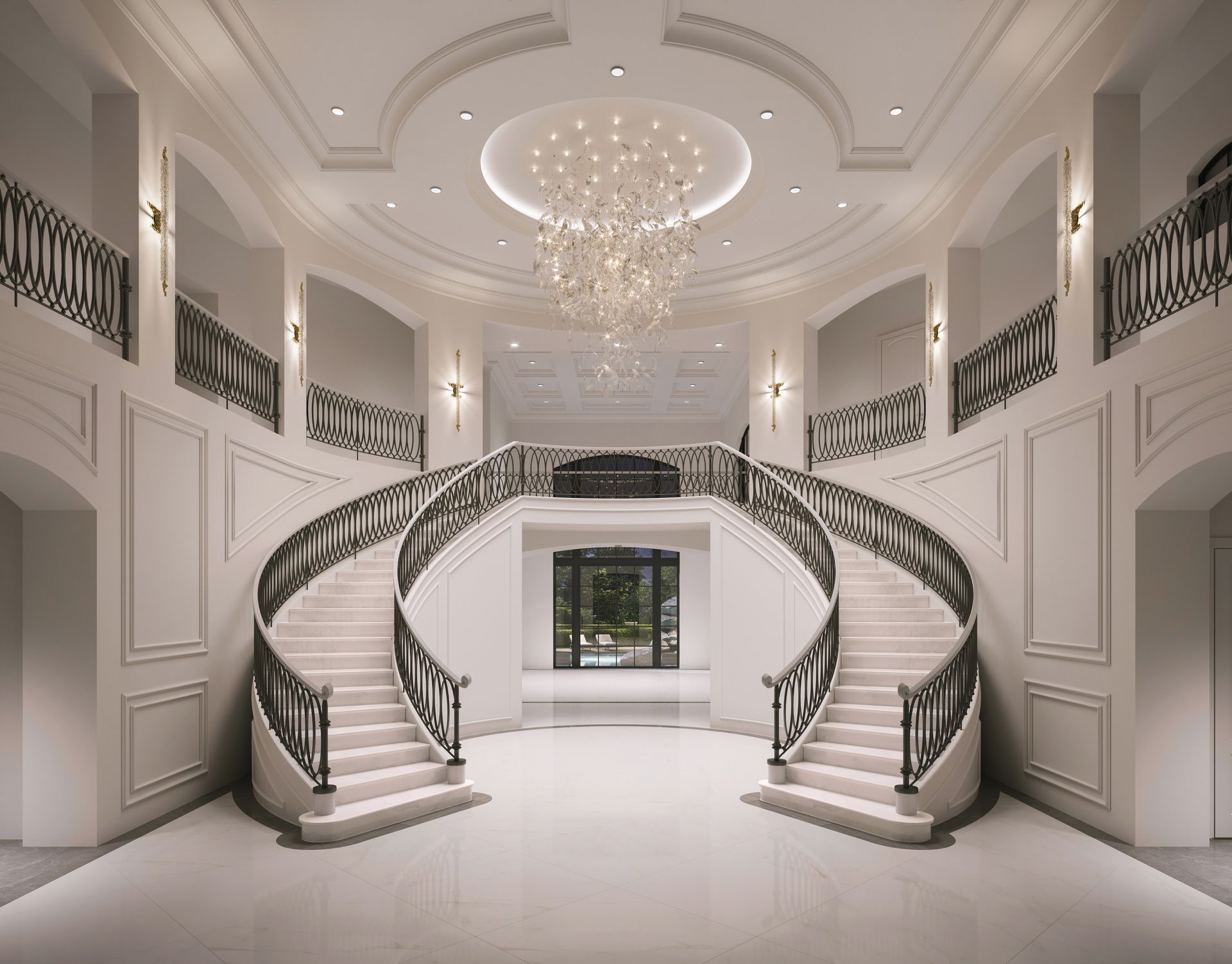 A large hallway with a spiral staircase and a chandelier.