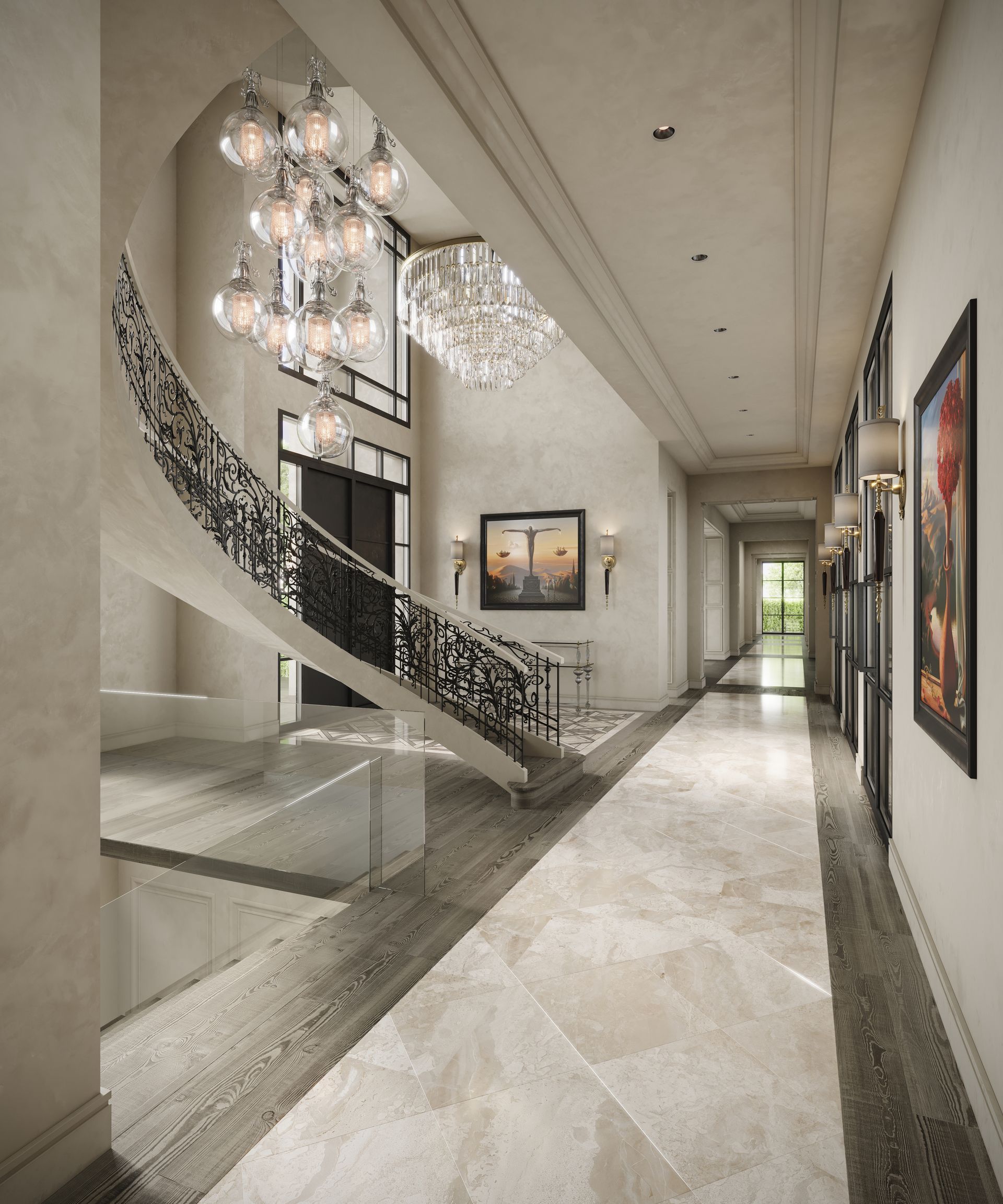 A hallway with a staircase in the middle of it