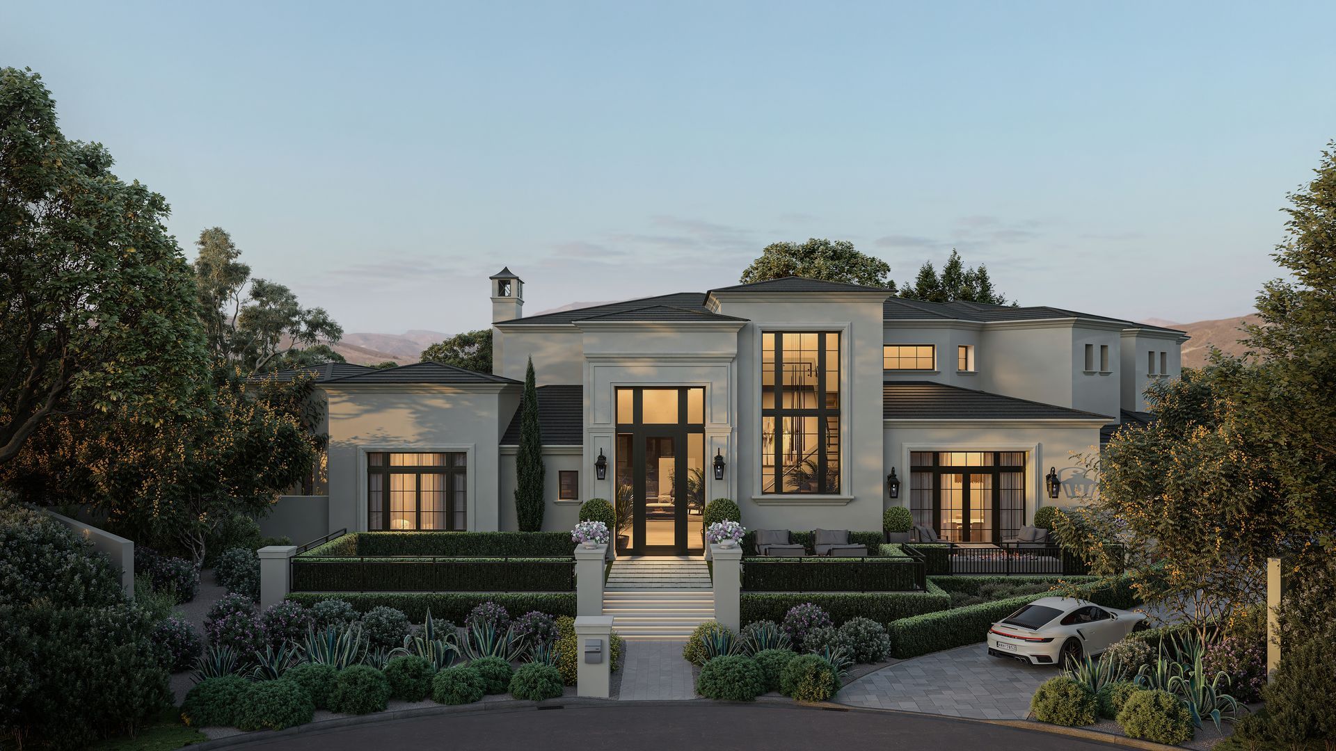 An artist 's impression of a large house with a car parked in front of it.