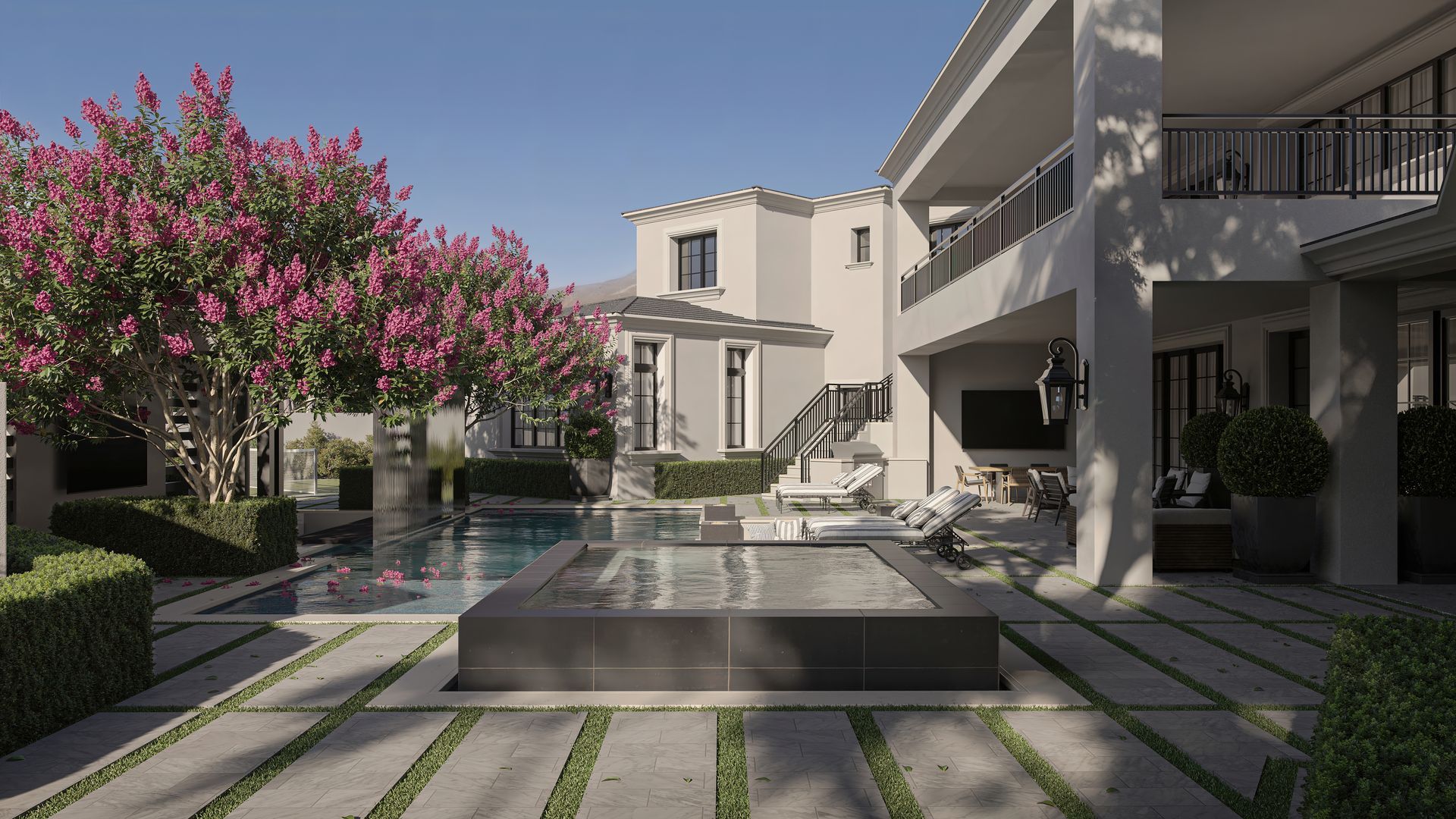 A large house with a swimming pool in the backyard.