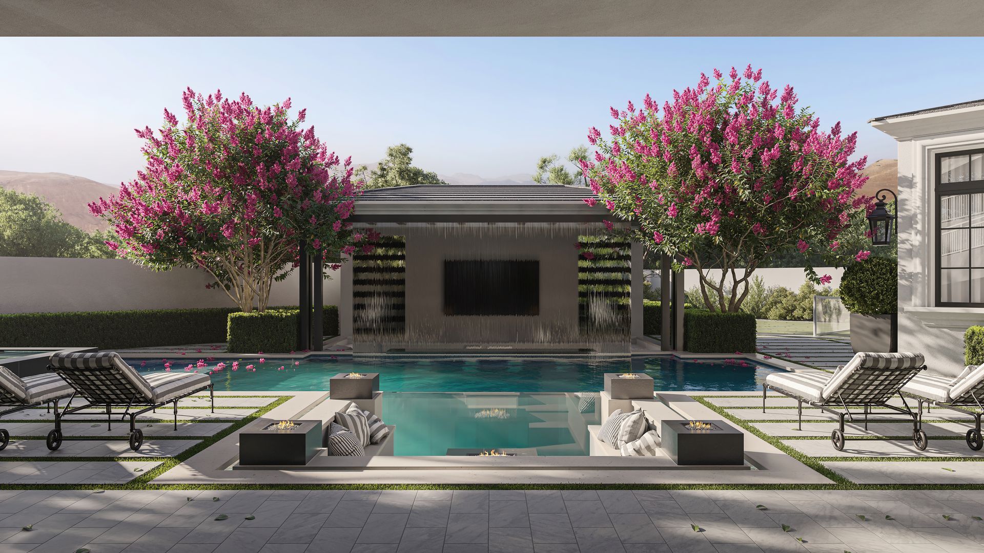 There is a large swimming pool in the backyard of a house.