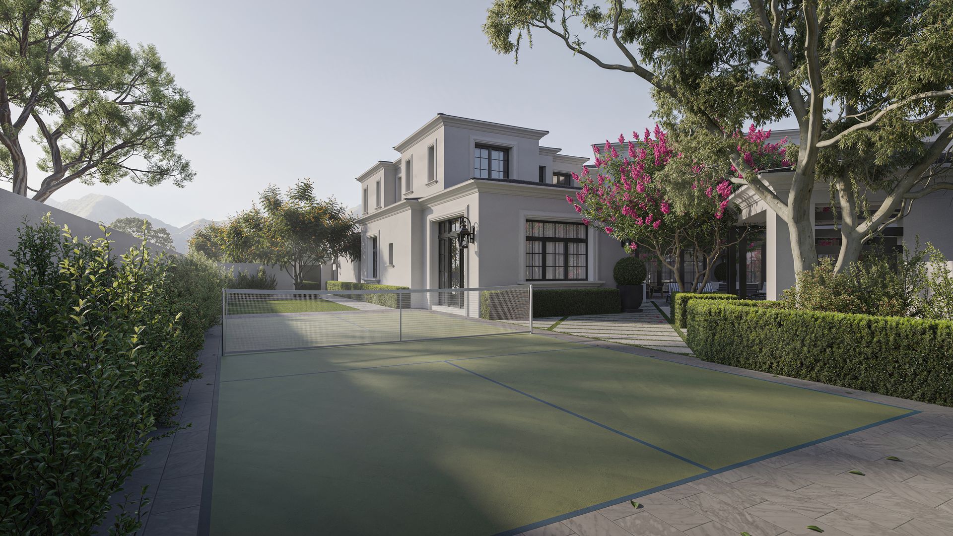 An artist 's impression of a large house with a tennis court in front of it.