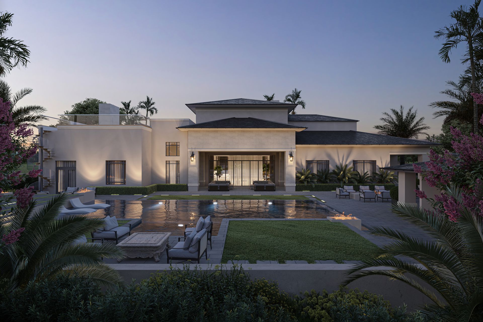 An artist 's impression of a large house with a swimming pool