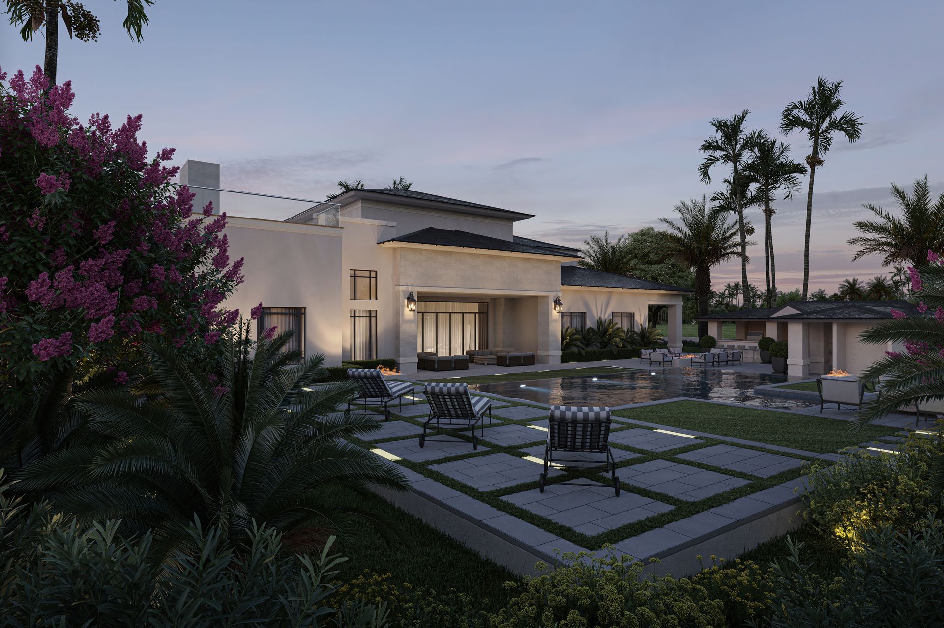 An artist 's impression of a large house with a swimming pool in the backyard.