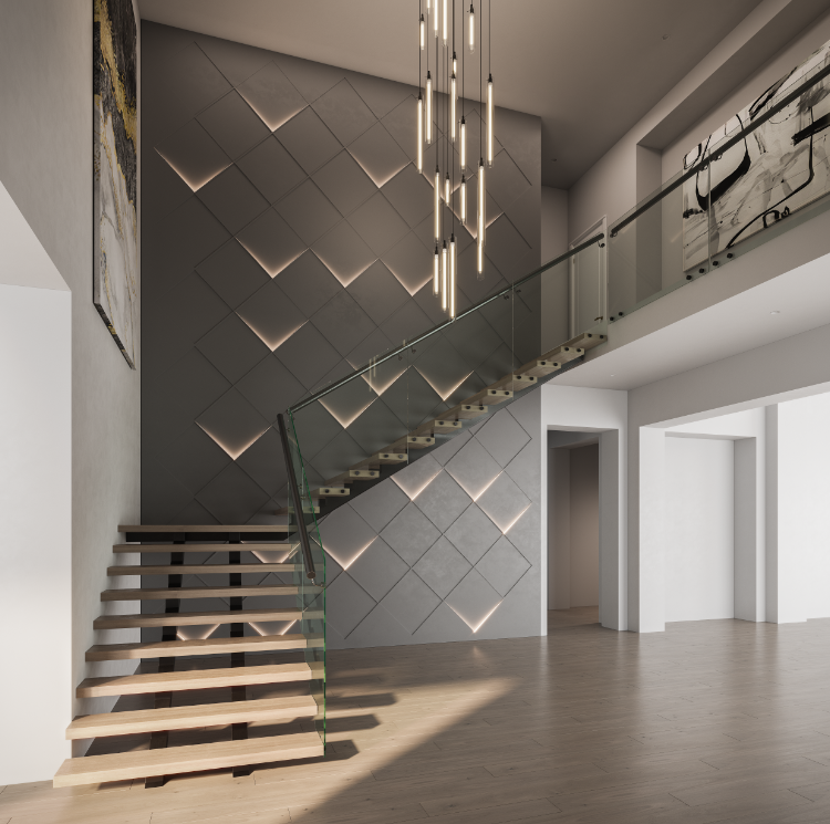 A staircase with a glass railing and a gray wall