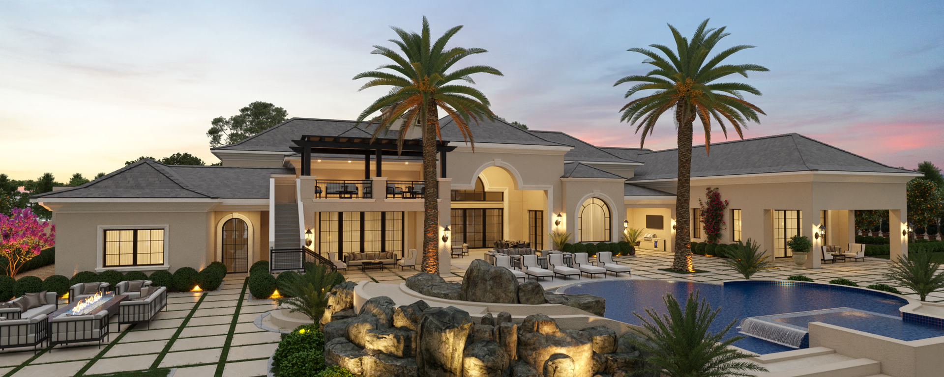 A large house with a pool and palm trees in front of it.