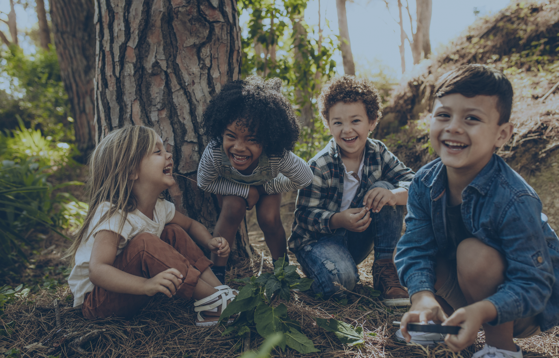 Four diverse children laughing while gathered around a plant in a forest setting.
